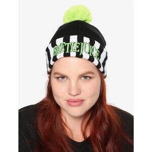 Beetlejuice Stripe Pom Beanie Hat New Hot Topic Gift